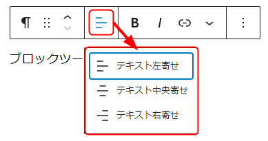 漢字の三のようなアイコンをクリックすると、「左寄せ」「中央寄せ」「右寄せ」の3つが表示される