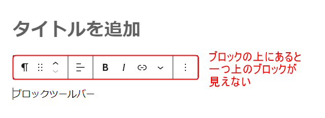 ブロックツールバーはブロック一つ分（広めの一行）なので、すぐ上にあるブロックを隠してしまう